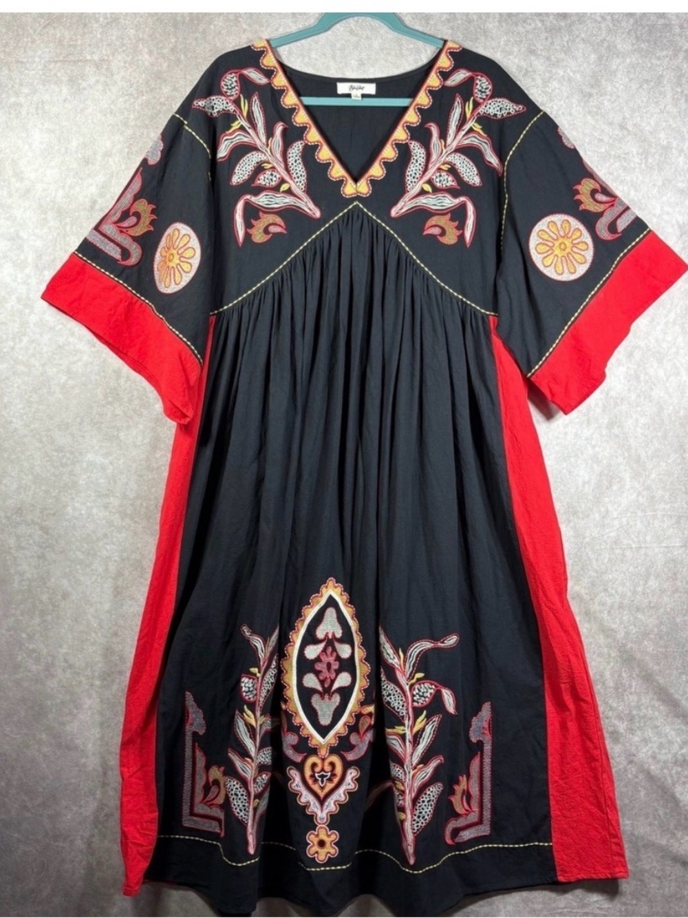 Velvet Black & Red Embroidered Boho Midi Dress